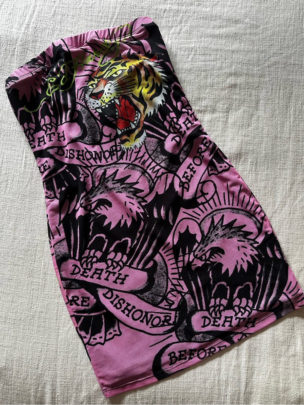 🐅 NWT Ed Hardy Pink Tiger Tattoo Print Tube Mini Dress Size Small
